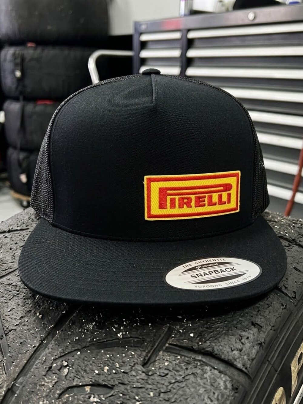 Vintage Pirelli Tires Patch Blackout Yupoong Flat Bill Snapback Hat Retro 90s